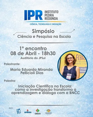 Card oficial do Simpósio Ciência e Pesquisa na Escola, em tom azul, com foto da palestrante.