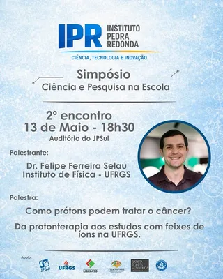 Card oficial do Simpósio Ciência e Pesquisa na Escola, em tom azul, com foto do palestrante.