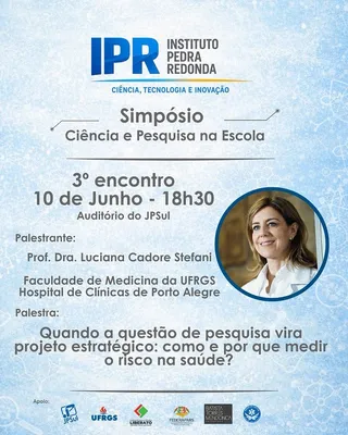 Card oficial do Simpósio Ciência e Pesquisa na Escola, em tom azul, com foto da palestrante.