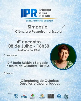 Card oficial do Simpósio Ciência e Pesquisa na Escola, em tom azul, com foto da palestrante.