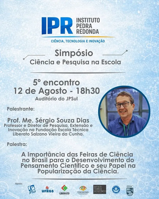 Card oficial do 5º encontro dos Simpósios Pesquisa e Ciência na Escola, com foto do Prof. Me. Sérgio Souza Dias.